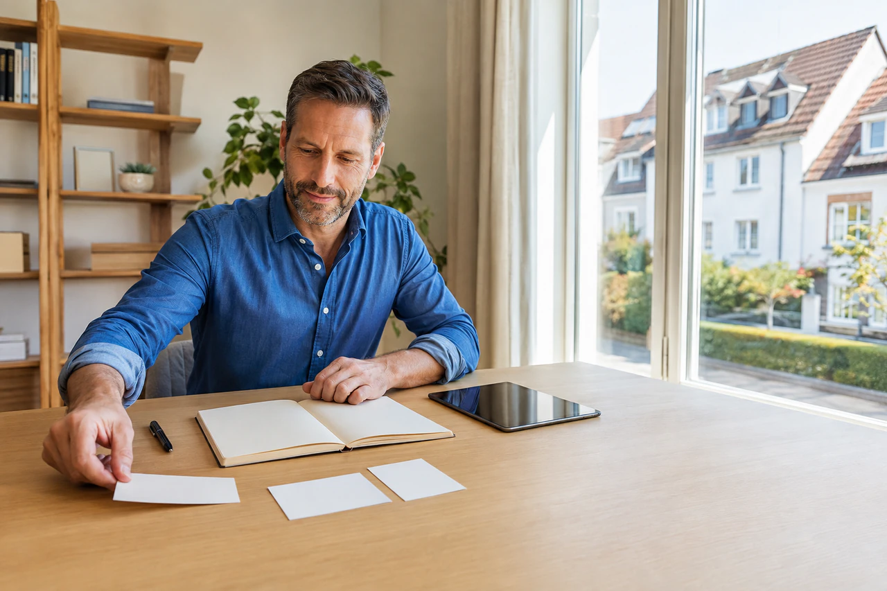 Symbolische Vorbereitung eines Immobilientermins mit leeren Notizen und mitteleuropäischen Wohnhäusern im Hintergrund.